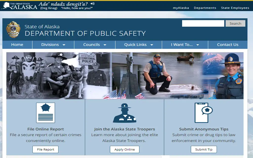Alaska Department of Public Safety records search page to conduct free warrant search in Alaska and find inmates, criminal history information and file online reports.
