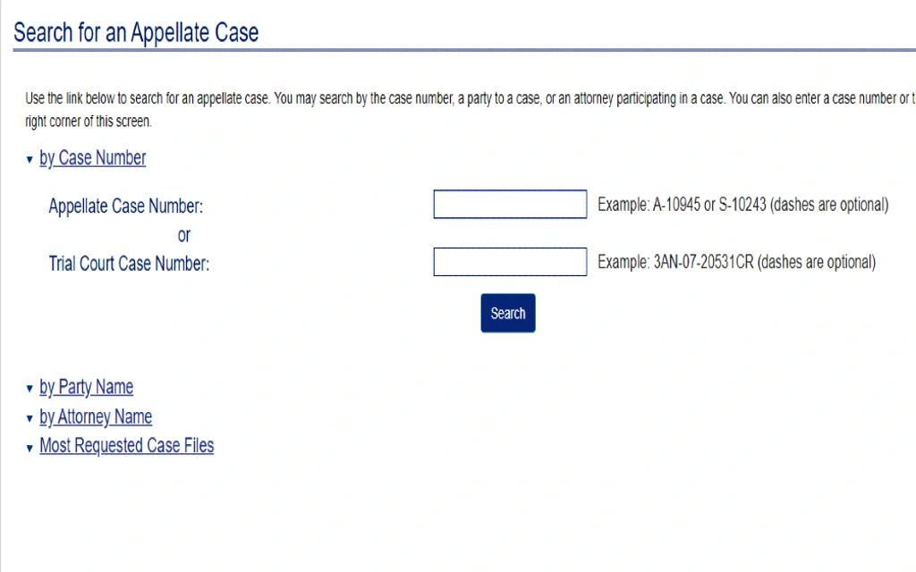 A screenshot showing that Appellate court cases in Alaska can also be searched by case number, trial court case number, attorney name, highly requested case files and using the parties' name.