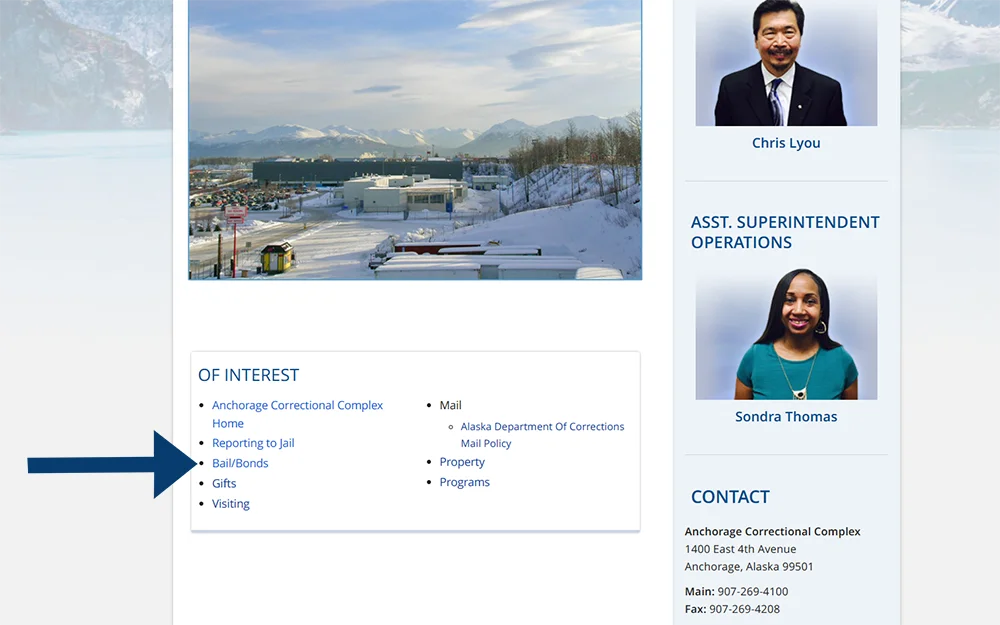 A screenshot from Alaska department of corrections website's anchorage correctional complex page with an arrow pointing at the bail or bonds link.