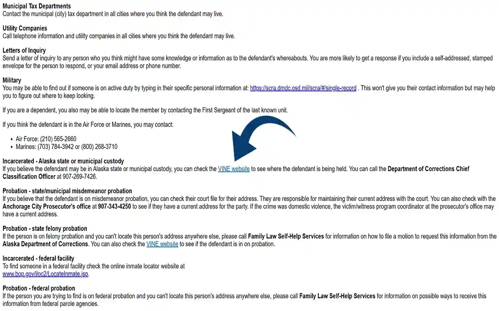 A screenshot from Alaska court system, self-help center website's tips on locating people page showing different information and an arrow pointing at the vine website link.