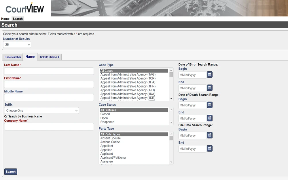 A screenshot from the official Alaska judiciary website Alaska court system, search trial court cases page showing an empty search by name form.