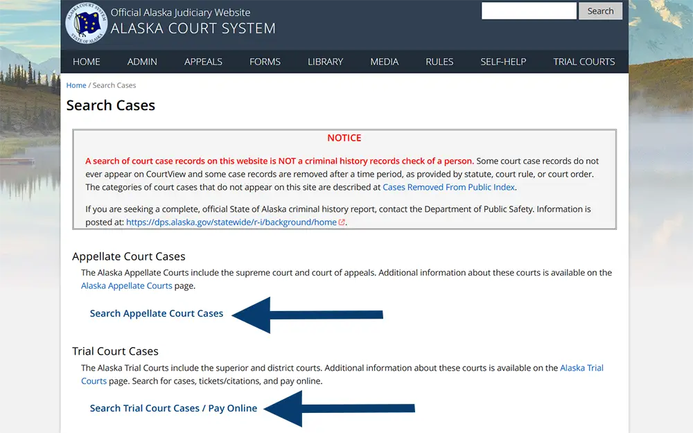 A screenshot from the official Alaska judiciary website Alaska court system, search cases page with arrows pointing at the search appellate cases and search trial court cases links.