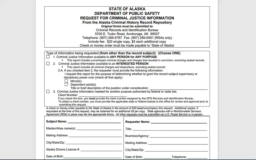 A screenshot of an empty form of state of Alaska department of public safety request for criminal justice information.