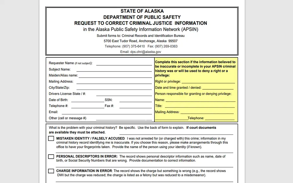 Access Free Alaska Criminal Arrest Records All Counties In AK   Alaska Request To Correct Criminal Justice Information Form Screenshot.webp