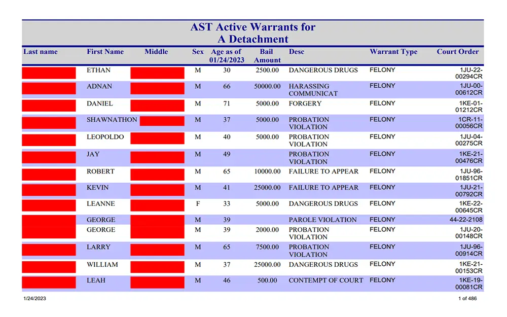 A screenshot from Alaska department of public safety website's active warrants page showing page one of active warrants list with names of fourteen different people and the corresponding descriptions such as warrant type.