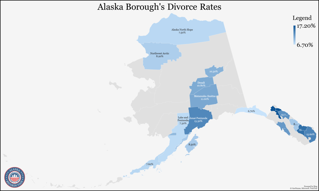 An outline of the map of Vermont with its Borough showing the divorce population rates (5-year estimates in 2021) base on the Census Bureau.