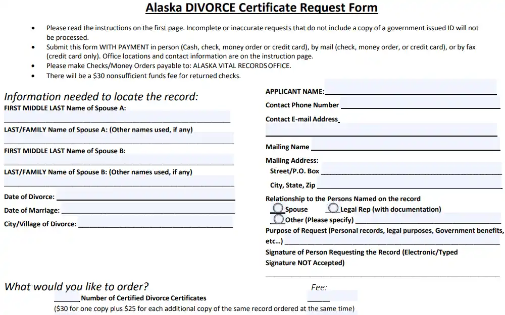 A screenshot of a certificate of divorce request form showing fields for information of both spouses, and applicant information.