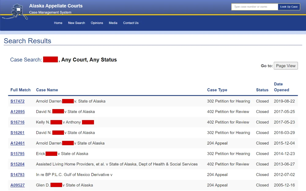 A screenshot displaying a case search results from the Alaska Appellate Courts website showing information such as full match, case type, status, case name, and date opened.