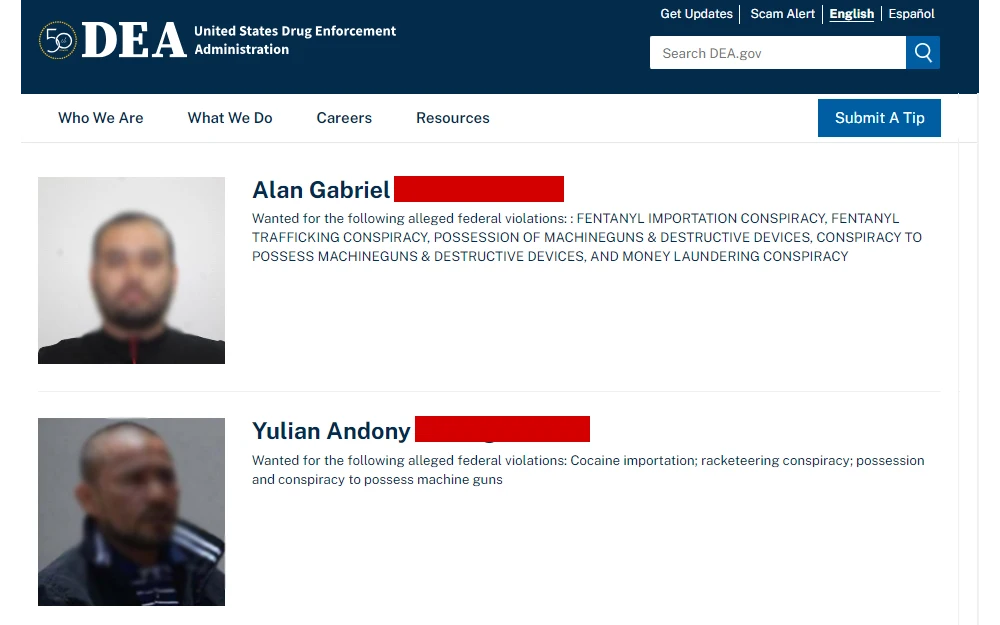 Screenshot of the wanted list from the Drug Enforcement Administration displaying the wanted persons' mugshots and offenses.