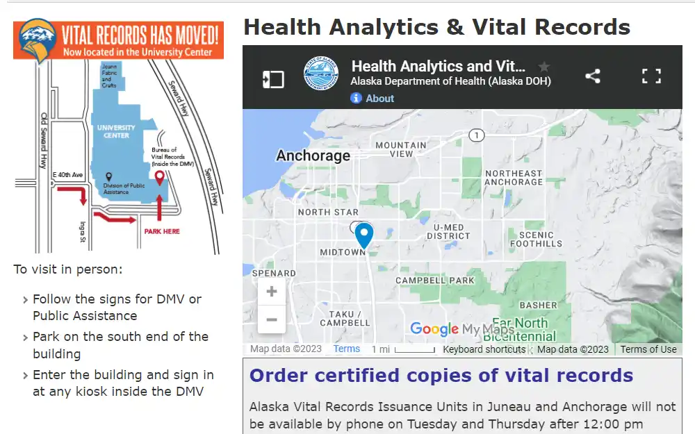 Screenshot of the map for the Health Analytics and Vital Records location, also showing directions.