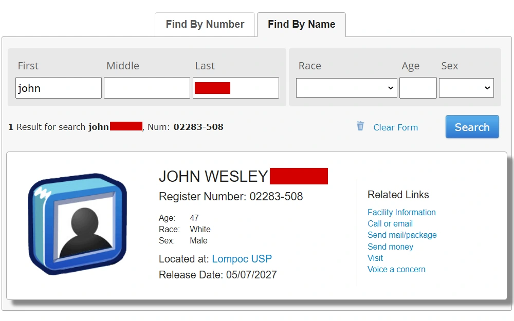 Screenshot of an expanded information of an inmate from a search result displaying the name, register number, race, sex, age, location, release date, and other helpful links.