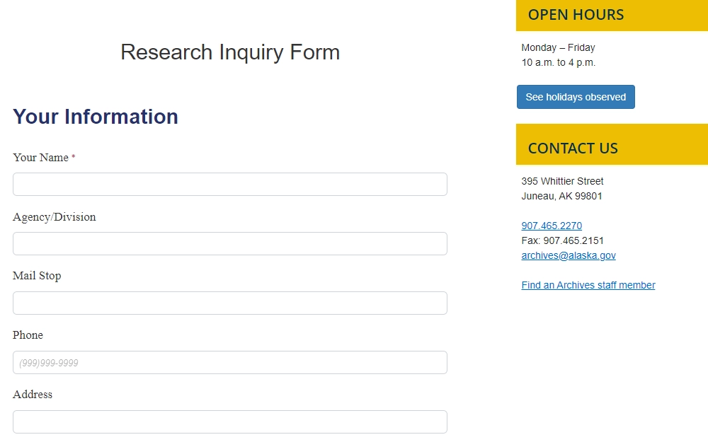 Screenshot of the state archives research inquiry form with fields for requestor information, and also showing the open hours and contact information of the division.