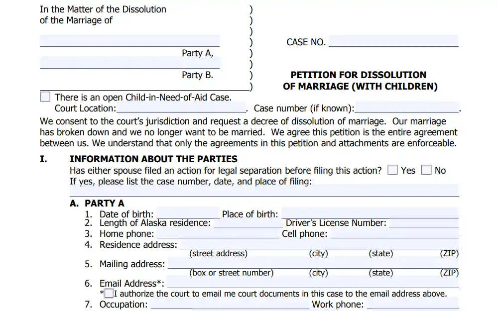 Screenshot of the dissolution petition form for married couples with minor children showing fields for court location, case number, and information of both parties.