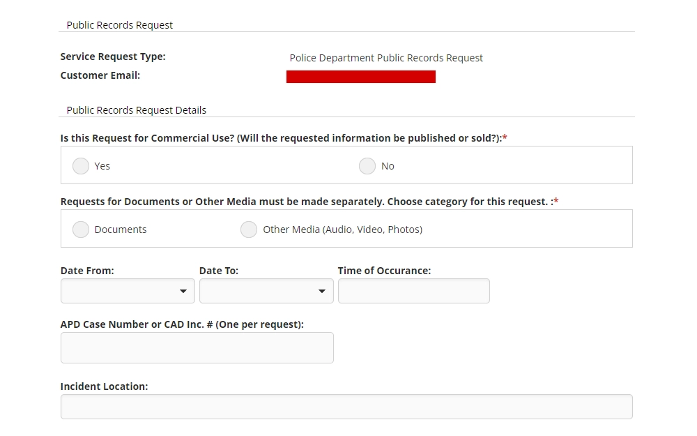 Screenshot of the public record online request with fields for case number, incident location, and options for request use and category.