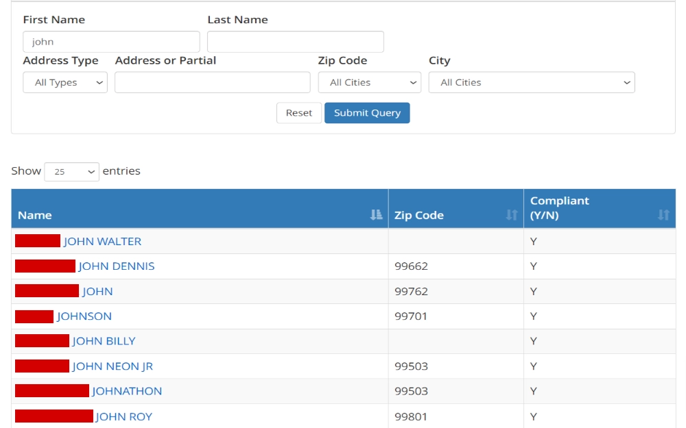 A screenshot showing a registry search tool and results showing details such as full name, ZIP code and if it is the compliant from possible search filters of name or address.