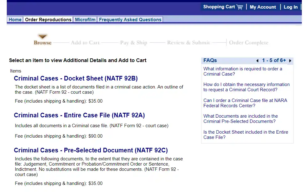 Screenshot of the reproduction order from National archives displaying available items for criminal cases, frequently asked questions, and a progress bar.