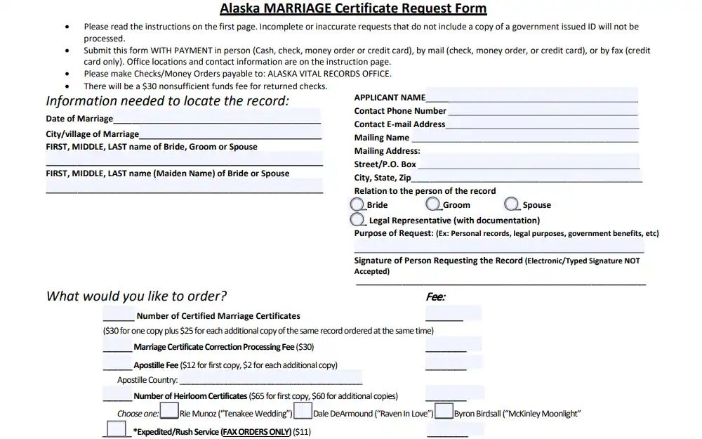 A screenshot of a section of the marriage certificate request form showing fields for marriage information such as the date, place, bride and groom, and the applicant information, including name, contact information, mailing address, and relation to the married couple.