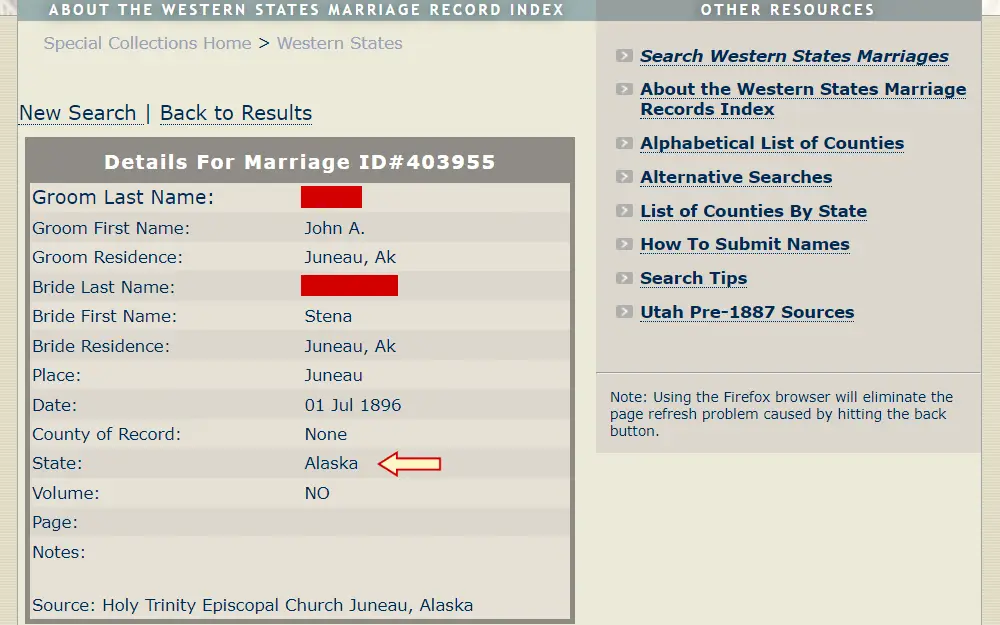 A screenshot of a marriage index search result displaying the marriage ID number, names and residence of both bride and groom, the place and date of marriage, and a list of other resources on the right-side panel.