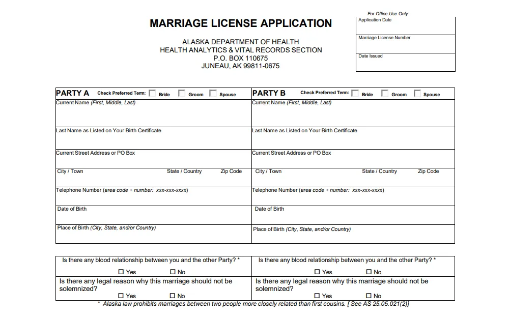 A screenshot of a part of the marriage license application form from the Alaska Department of Health displays the fields about the personal information of both parties, such as their names, addresses, date and place of birth, contact information, and checkboxes about their relationship.