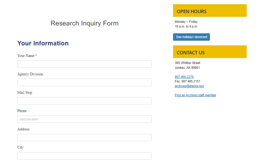 A screenshot from the Alaska State Archives shows a part of the research inquiry form with fields for the requestor's name and address, phone number, mail stop, and the agency to which the request is addressed.