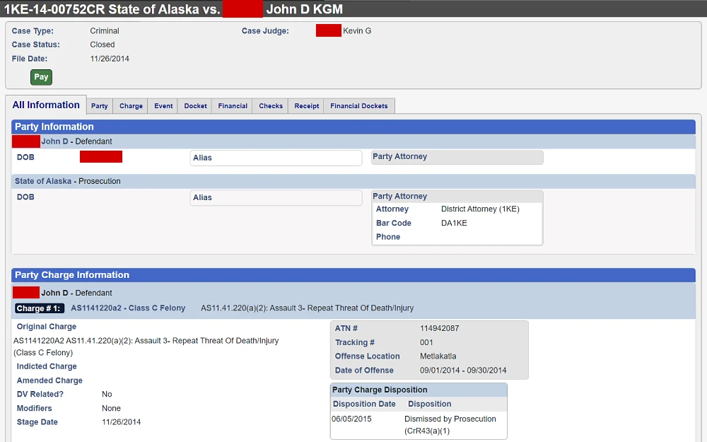 A screenshot shows case information such as type, status, date filed, judge, date of birth, party attorney, bar code, phone number, and charges. 