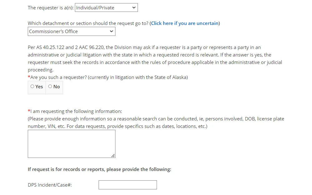 A screenshot of the research request form from the Alaska Department of Public Safety displays the drop-down menus for requester type and detachment, followed by a note about a litigant requester, then the fields for request information and case number.