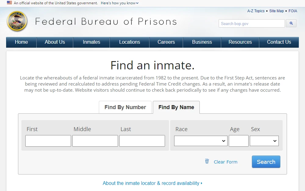 A screenshot of the inmate locator provided by the Federal Bureau of Prisons shows the content under the "Find By Name" tab, with input fields for first, middle, and last names, race, age, and sex.